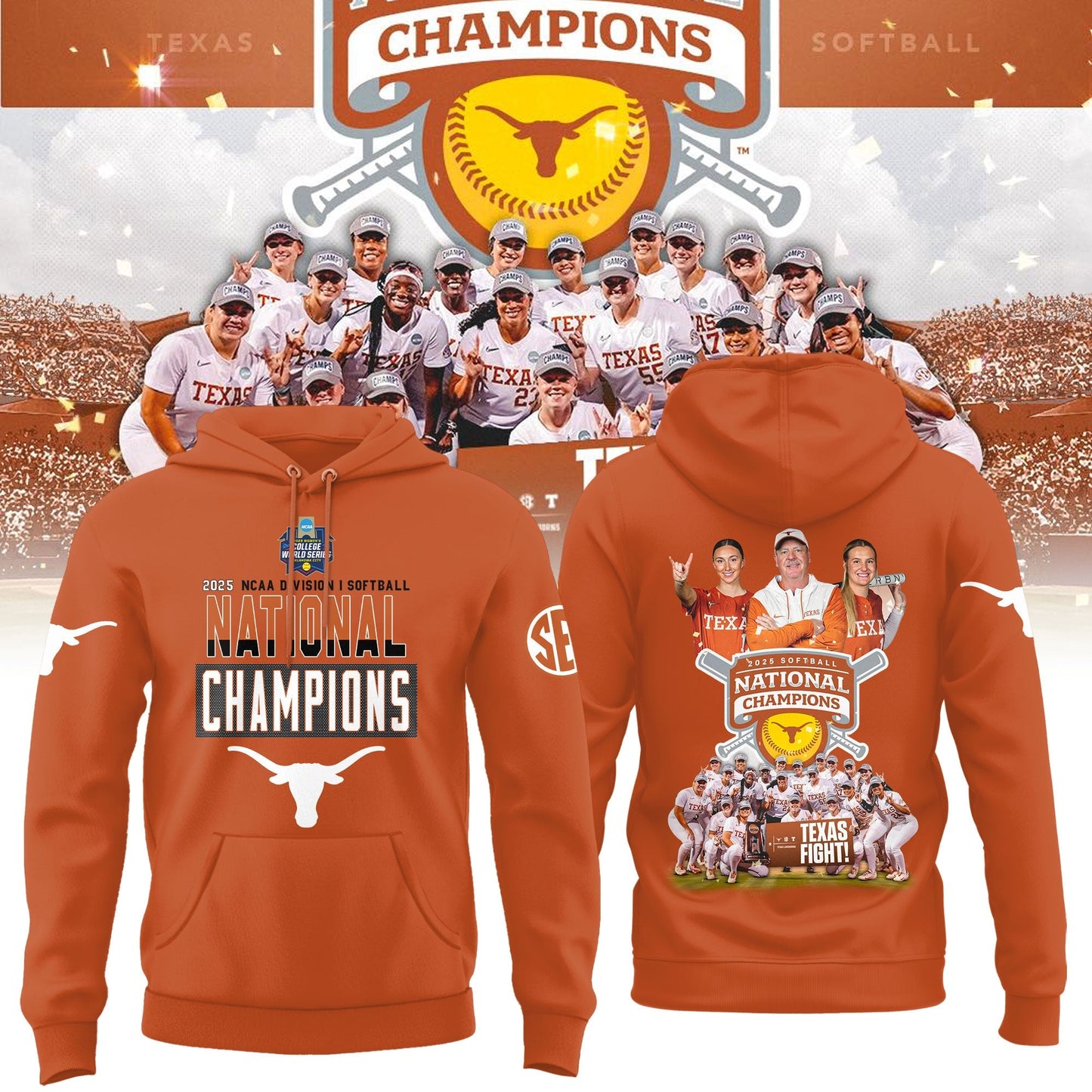 Texas Longhorns 2025 Women's Softball National Champions Hook 'Em Hoodie