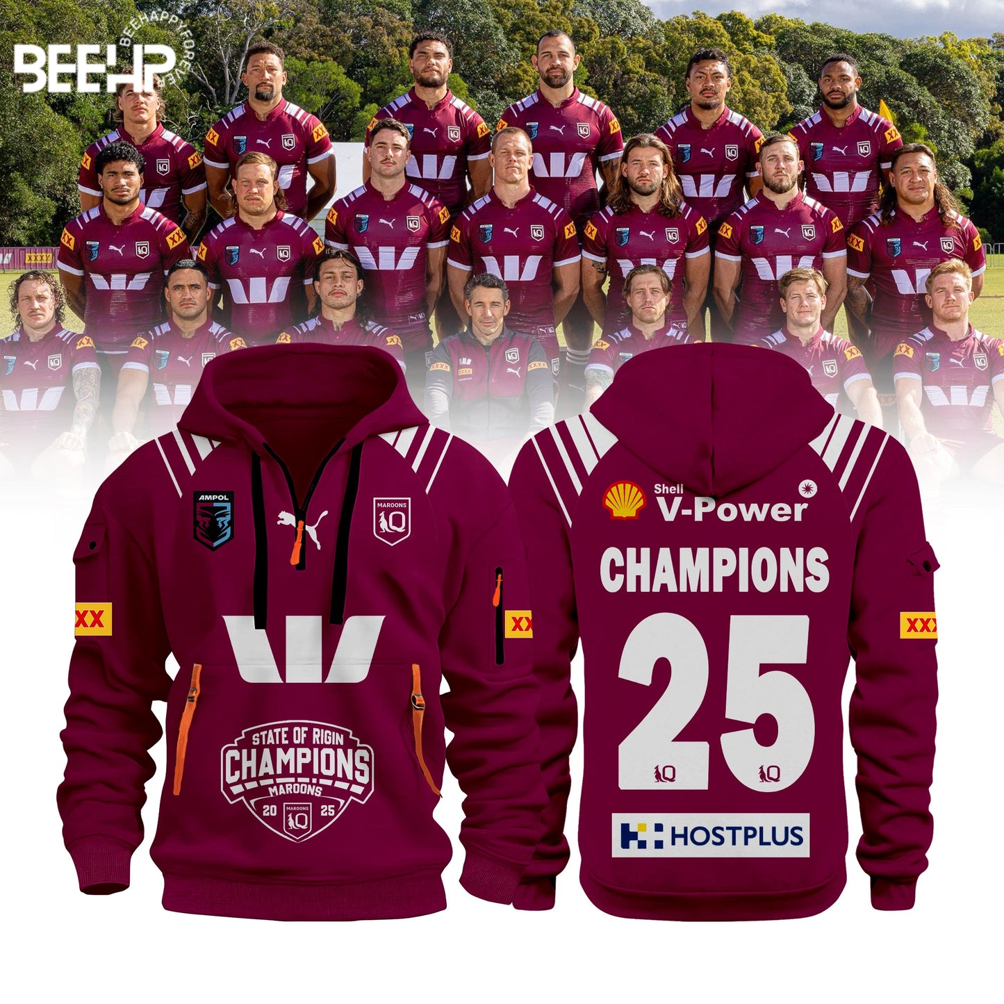 Queensland Maroons Of Origin 2025 Champions Half Zip Hoodie