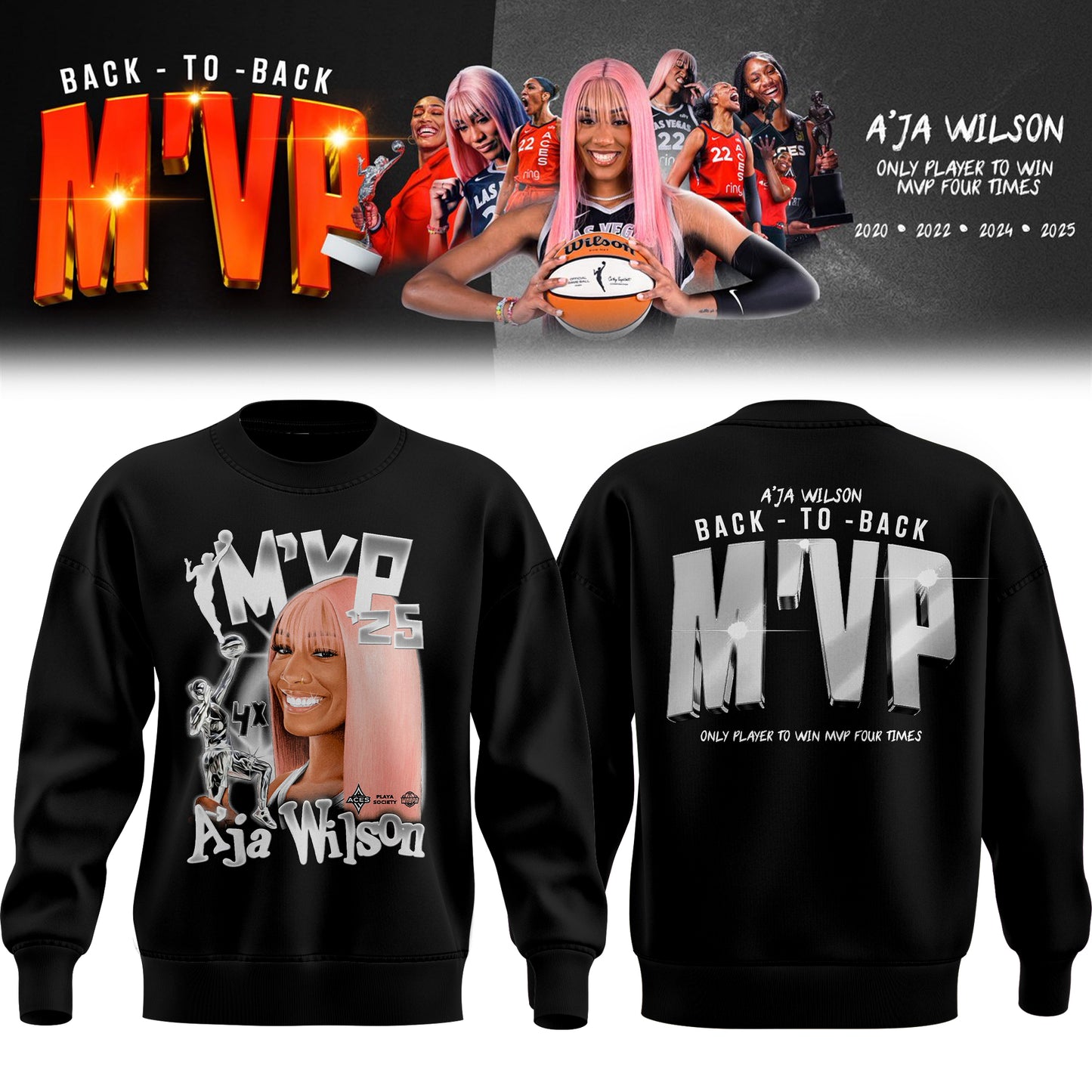 Unisex Las Vegas Aces A’ja Wilson Playa Society Black 2025 WNBA MVP Sweater