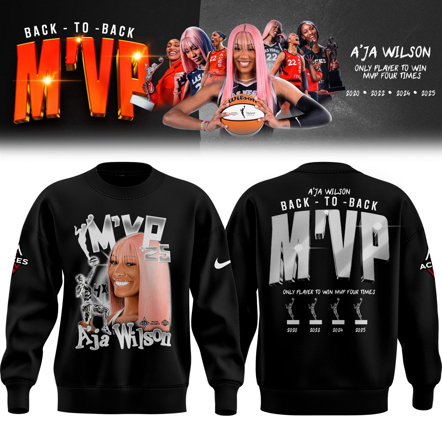 Unisex Las Vegas Aces A’ja Wilson Playa Society Black 2025 WNBA MVP Sweater