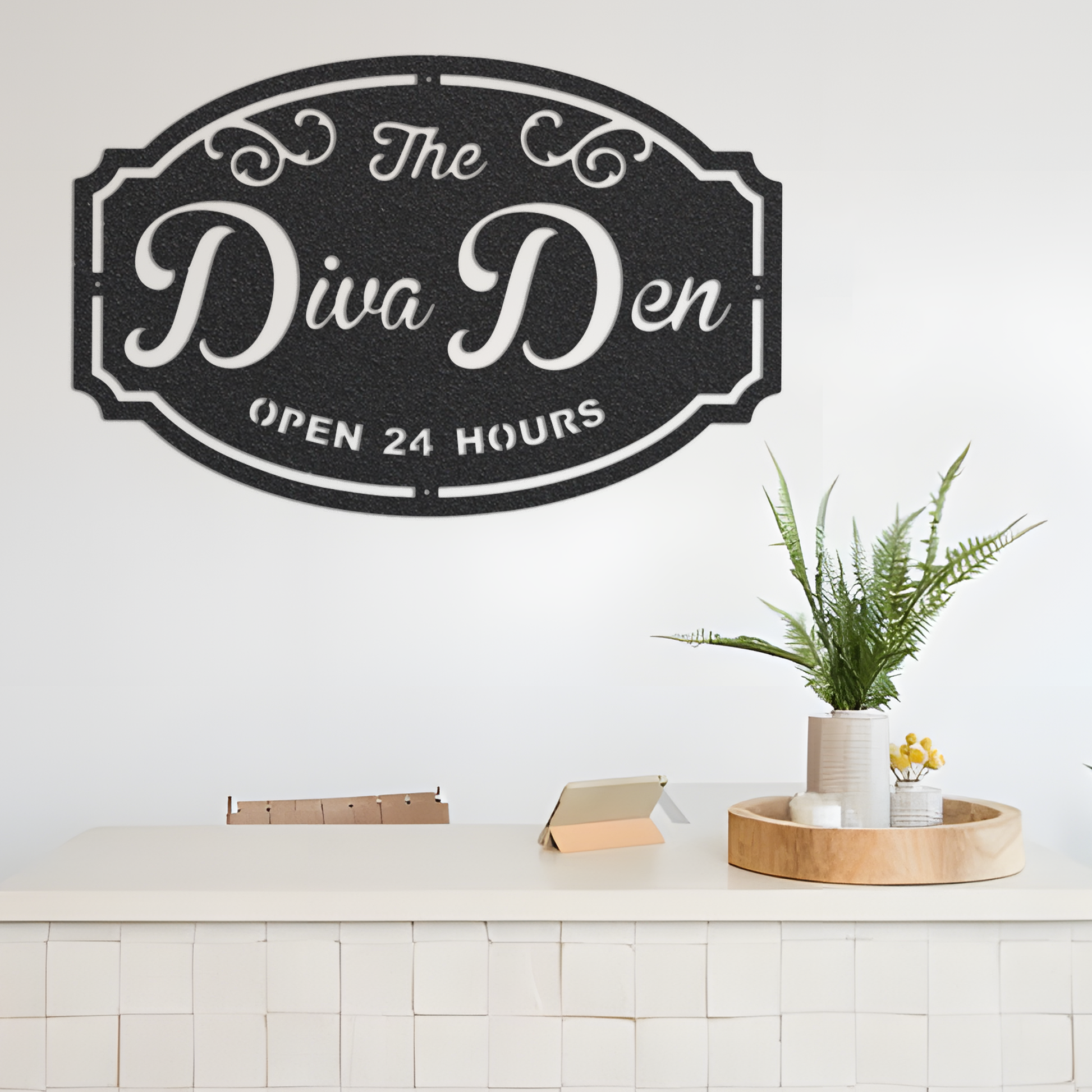 Diva Den Custom Metal Sign, Decorative Wall Art, Laser Cut Outdoor Name Sign, Metal Monogram Sign, Metal Artwork