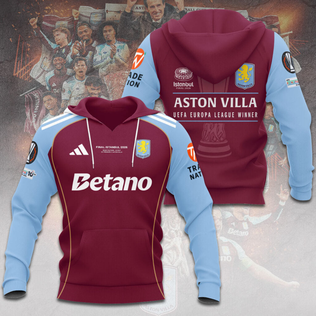 Aston Villa Europa League Winners 25/26 3D Apparel Hoodie