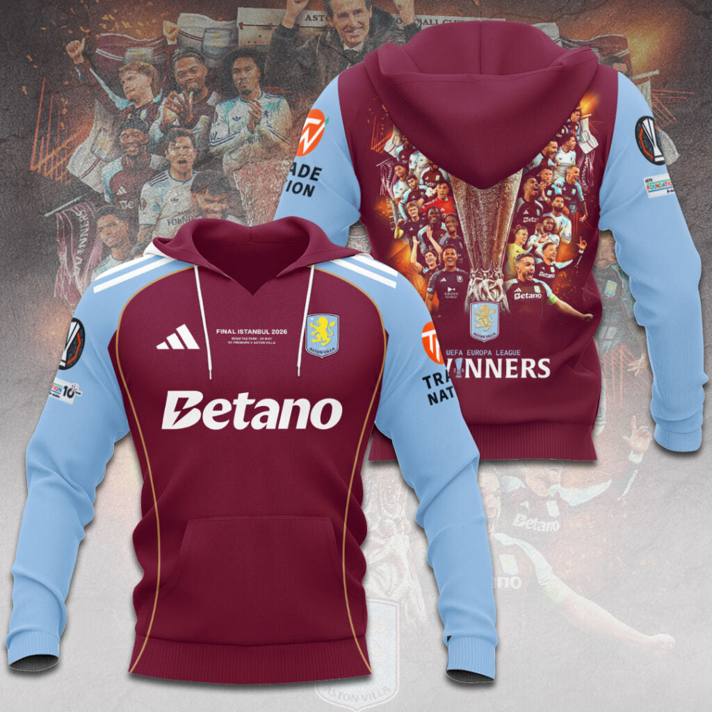 Aston Villa Europa League Winners 25/26 3D Apparel Hoodie