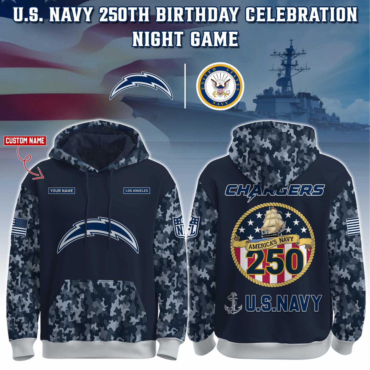 Los Angeles Chargers Navy 250th Birthday Hoodie Limited Edions