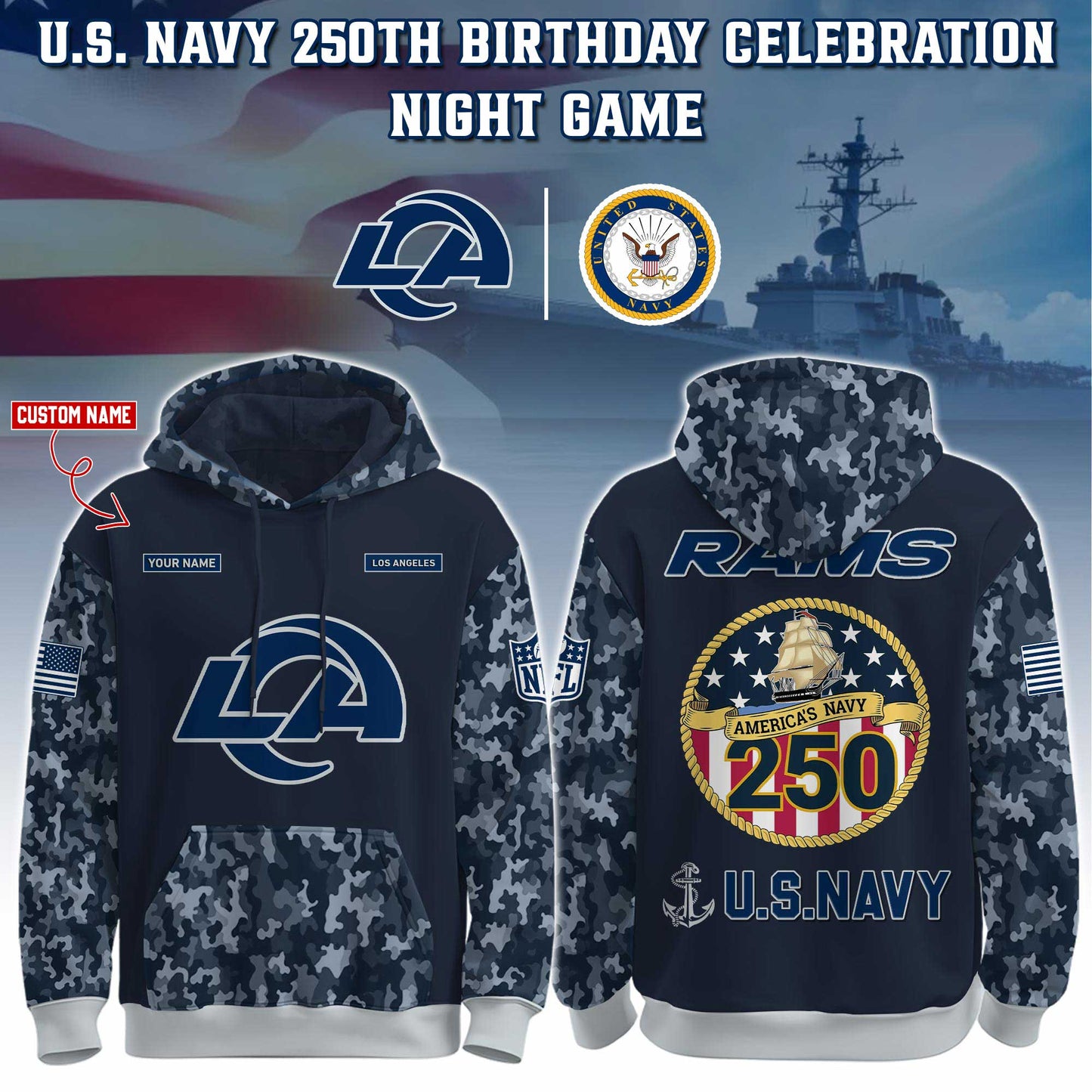 Los Angeles Rams Navy 250th Birthday Hoodie Limited Edions