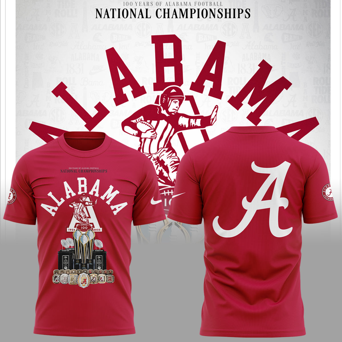 Limited Edition Alabama FB Celebrating 100 Years of National Championships TShirt