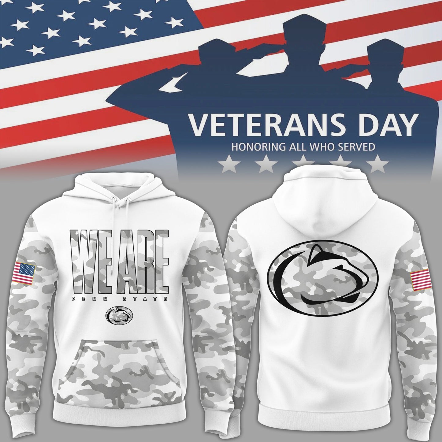 Penn State Nittany NCAA Big10 2024 Limited Veterans White Camo Hoodie