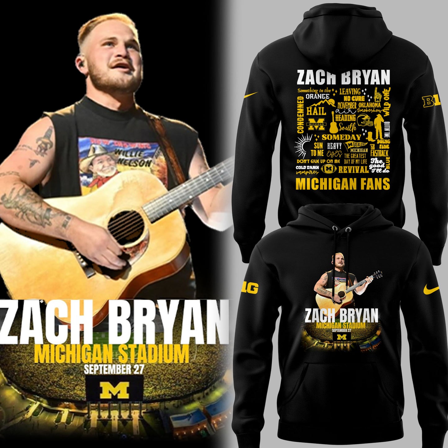 Limited Edition Michigan Fb Zach “The Quittin’ Time Tour 2025” Michigan Stadium Black Hoodie