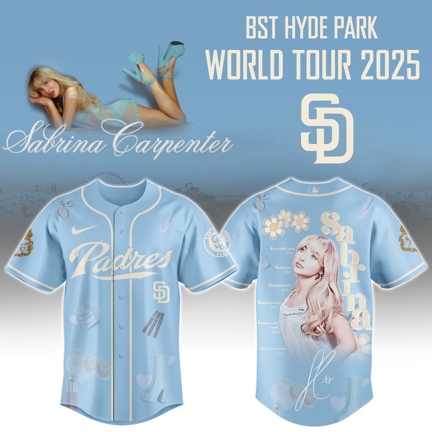 S D Padres x Sabrina Carpenter “Short n’ Sweet Tour” Jersey Editions Limited +Selling Out Fast