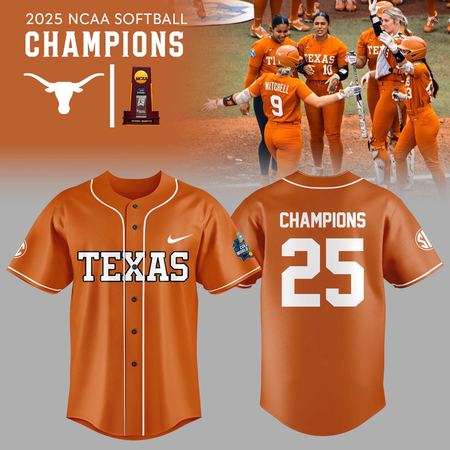Texas Longhorns 2025 Women's Softball National Champions Hook 'Em Jesey