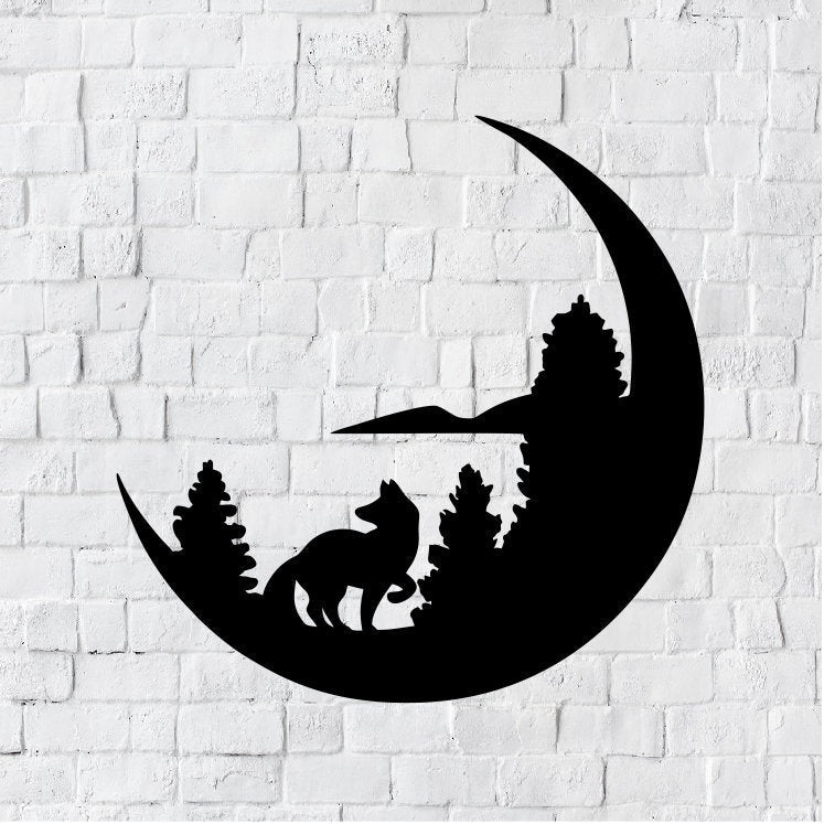 Moon Metal Art / Moon and Wolf Metal Art / Metal Wall Art / Half Moon Sign / Outdoor Home Decor / Custom Wall Art Decor
