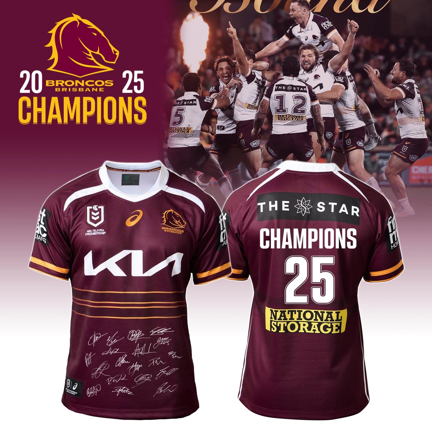 Brisbane Broncos Champions NRL 2025 Limited Edition Signed Jersey