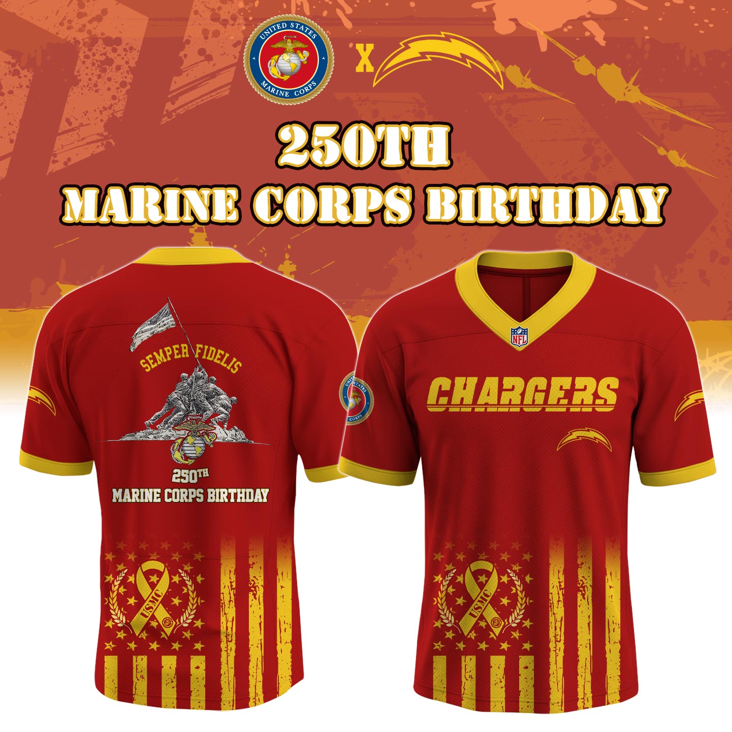 L A Chargers x 250th Birthday of the U.S. Marine Corps Jersey 2025 Limited Edition