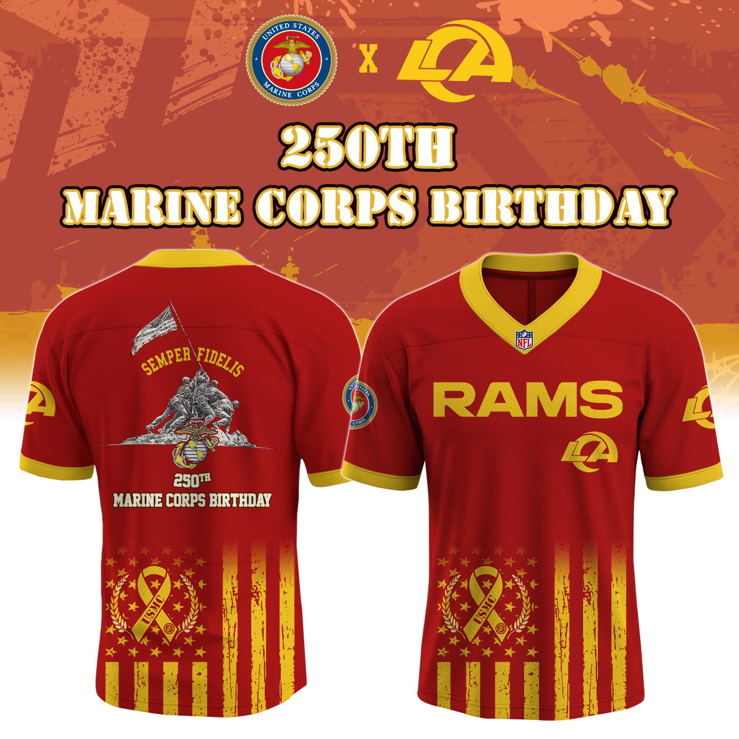 L A Rams x 250th Birthday of the U.S. Marine Corps Jersey 2025 Limited Edition