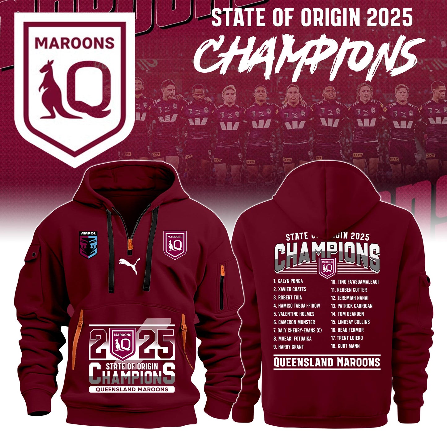 Queensland Maroons Of Origin 2025 Champions Half Zip Hoodie