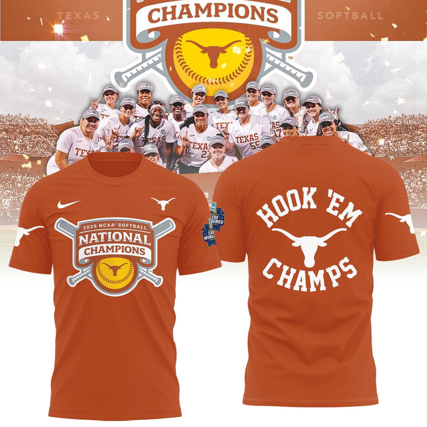 Texas Longhorns 2025 Women's Softball National Champions Hook 'Em T-Shirt