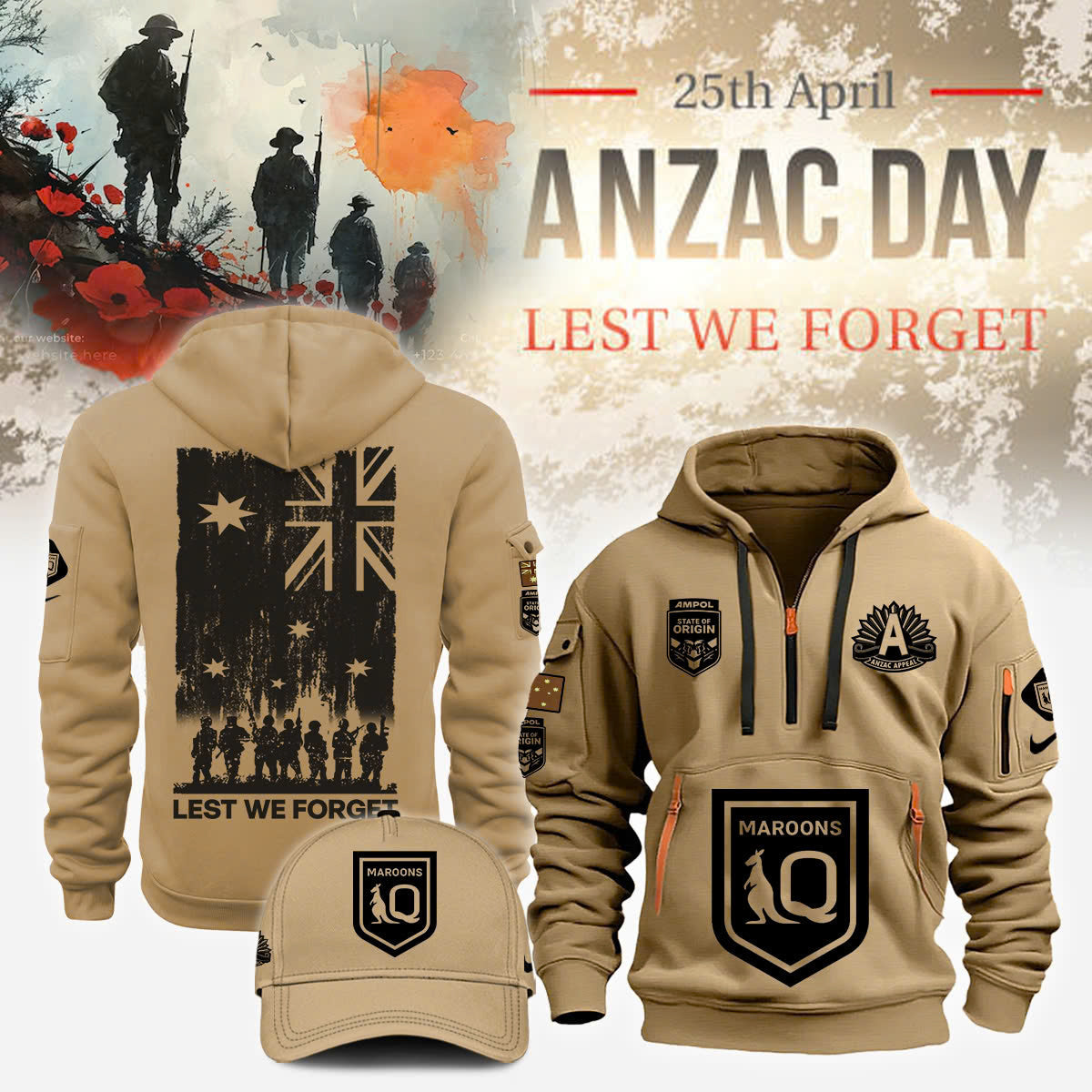 Queensland Maroons anzac 2025 NEW Half Zip Hoodie
