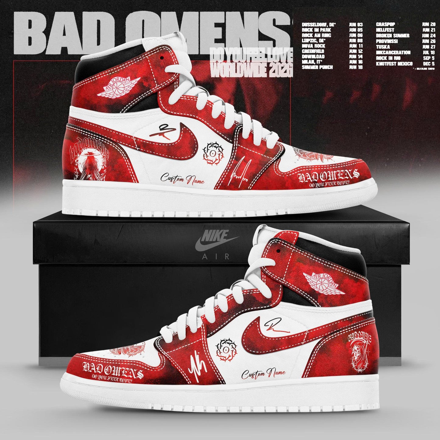 Bad Omens ” Do You Feel Love ” Worldwide 2026 Tour Limited Edition JD1 Shoes