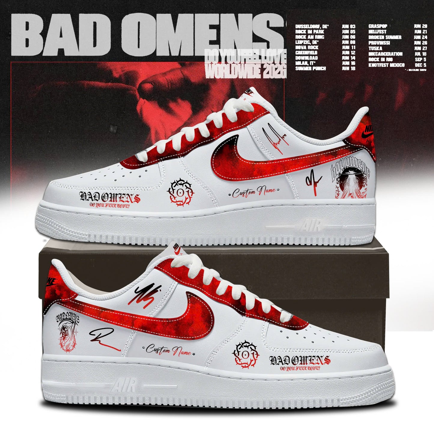 Bad Omens ” Do You Feel Love ” Worldwide 2026 Tour Limited Edition AF1 Sneakers