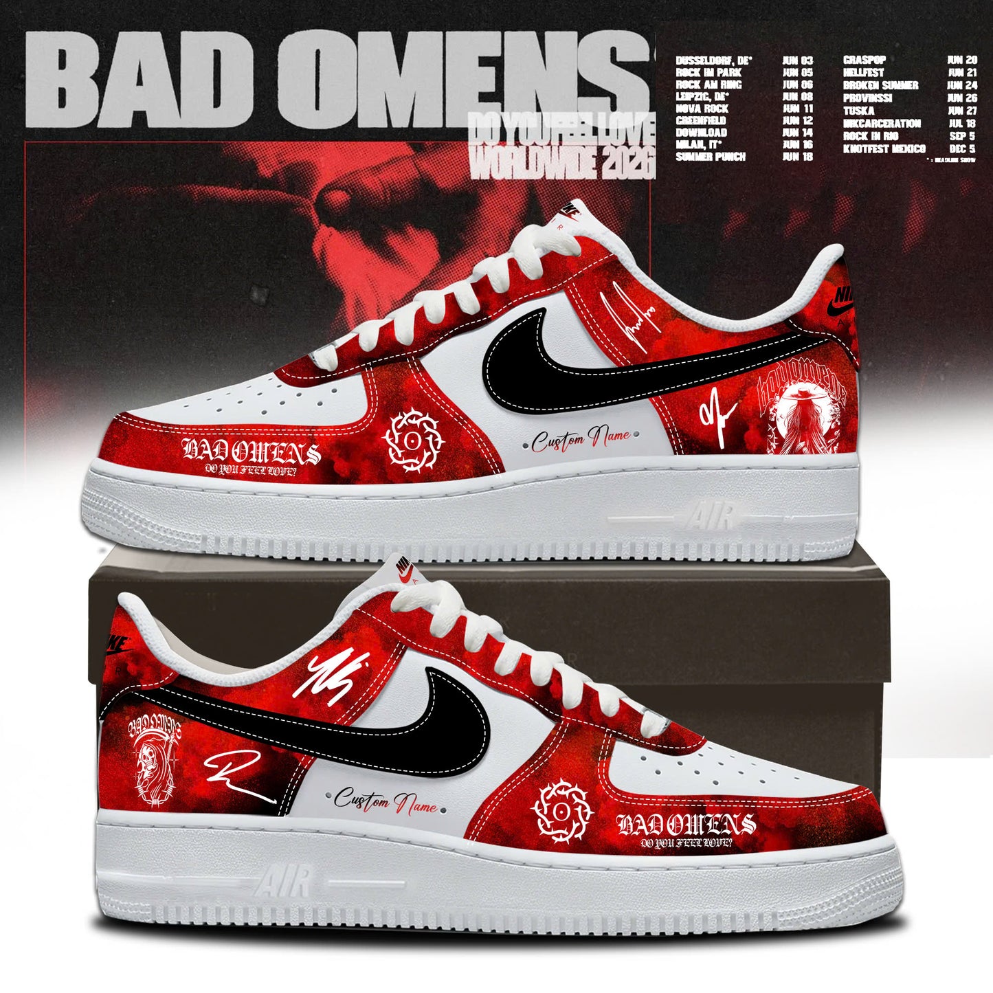 Bad Omens ” Do You Feel Love ” Worldwide 2026 Tour Limited Edition AF1 Sneakers