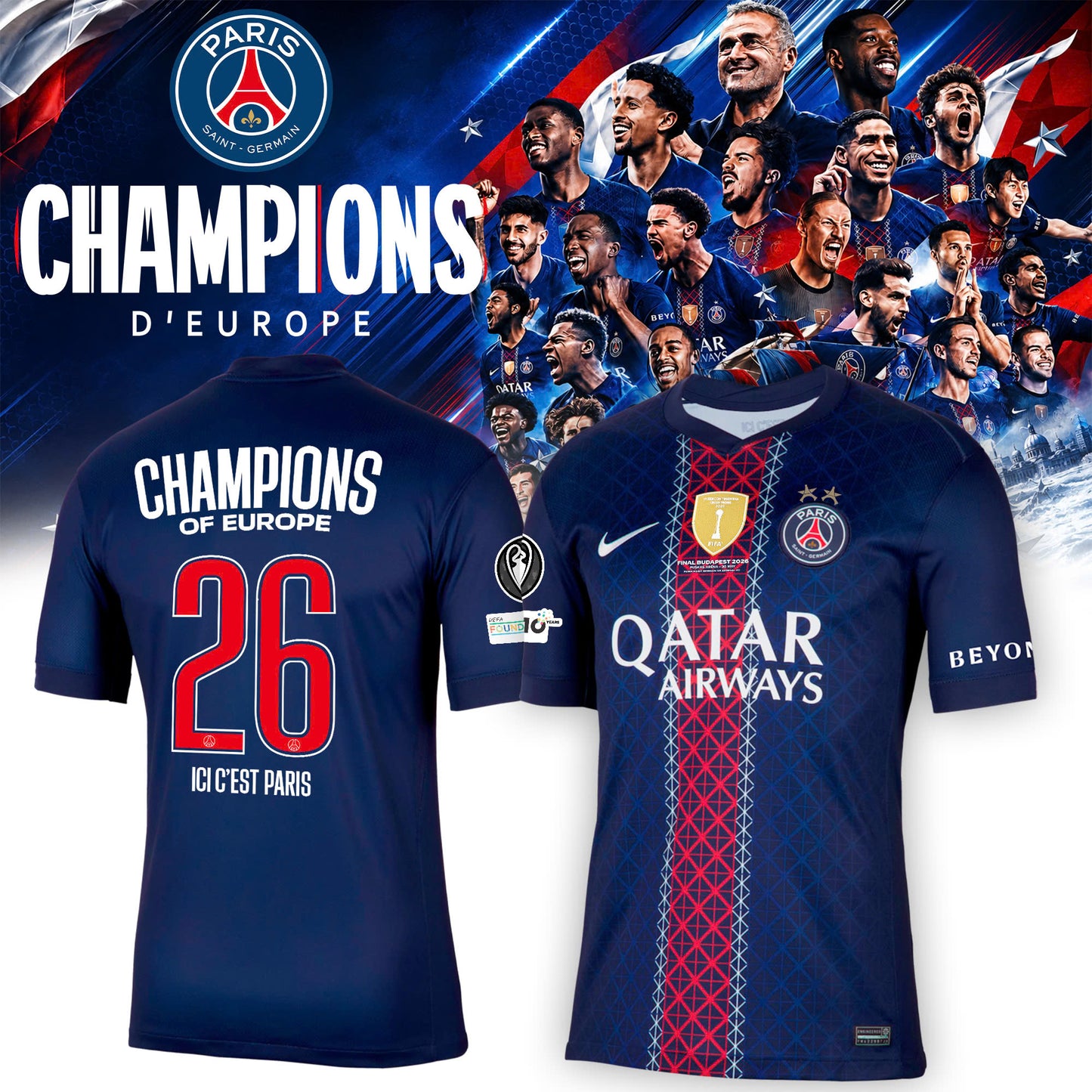 Maillot Domicile Stadium PSG 25/26 – Flocage Champions of Europe – 26