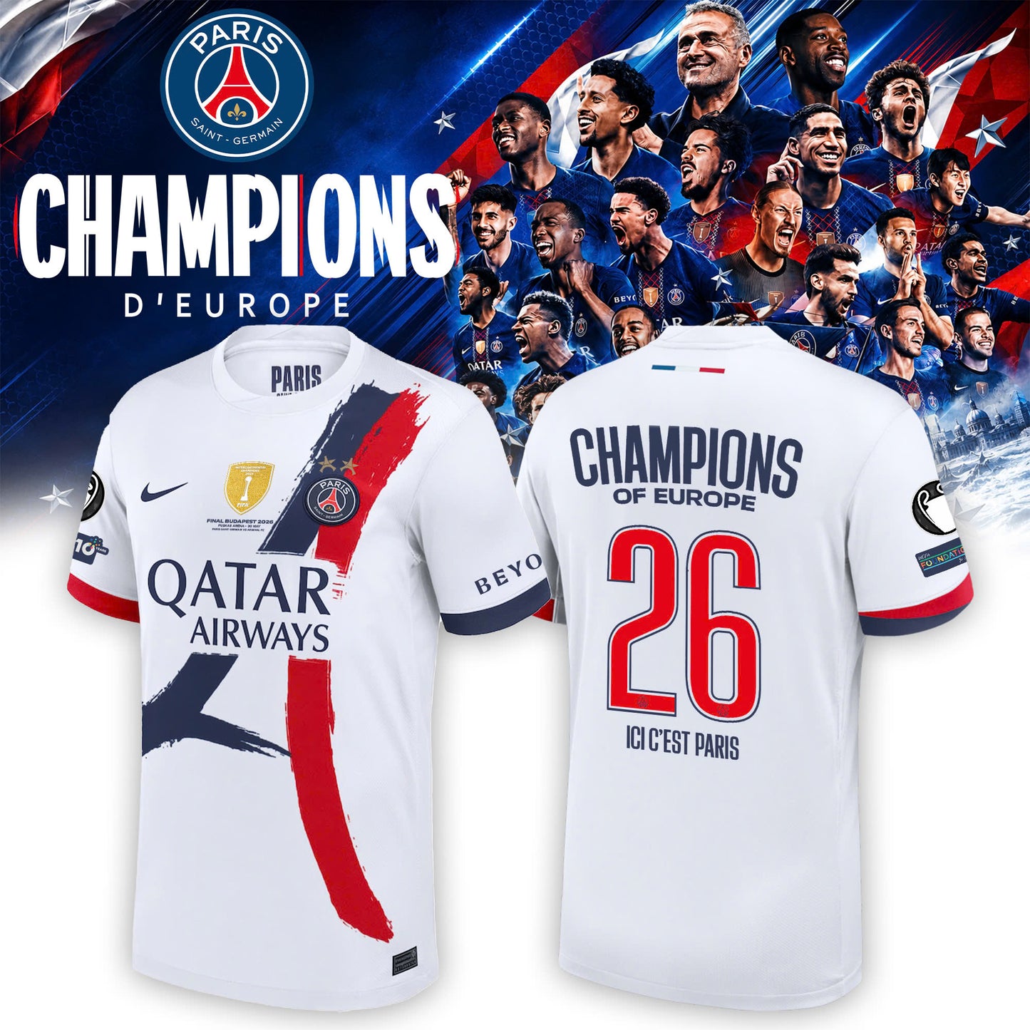Maillot Domicile Stadium PSG 25/26 – Flocage Champions of Europe – 26