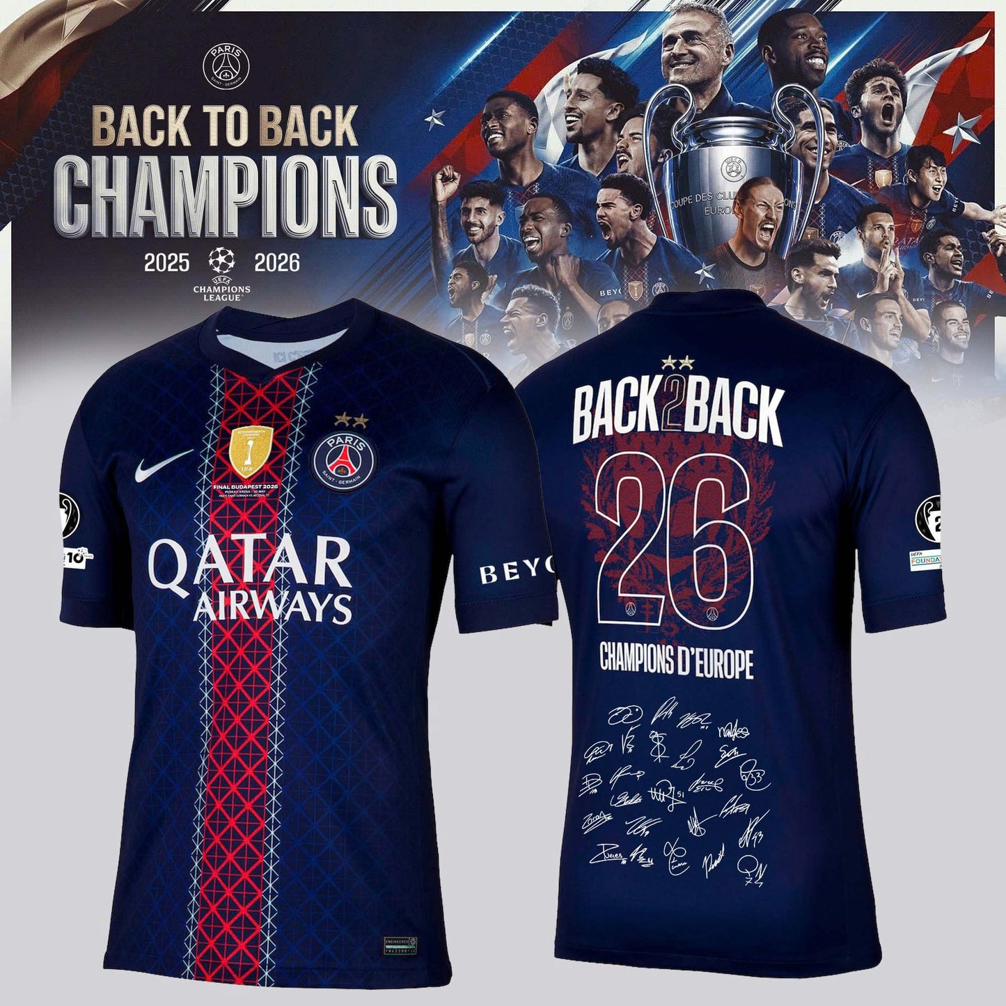Maillot Domicile Stadium PSG 25/26 – Flocage Champions of Europe – 26
