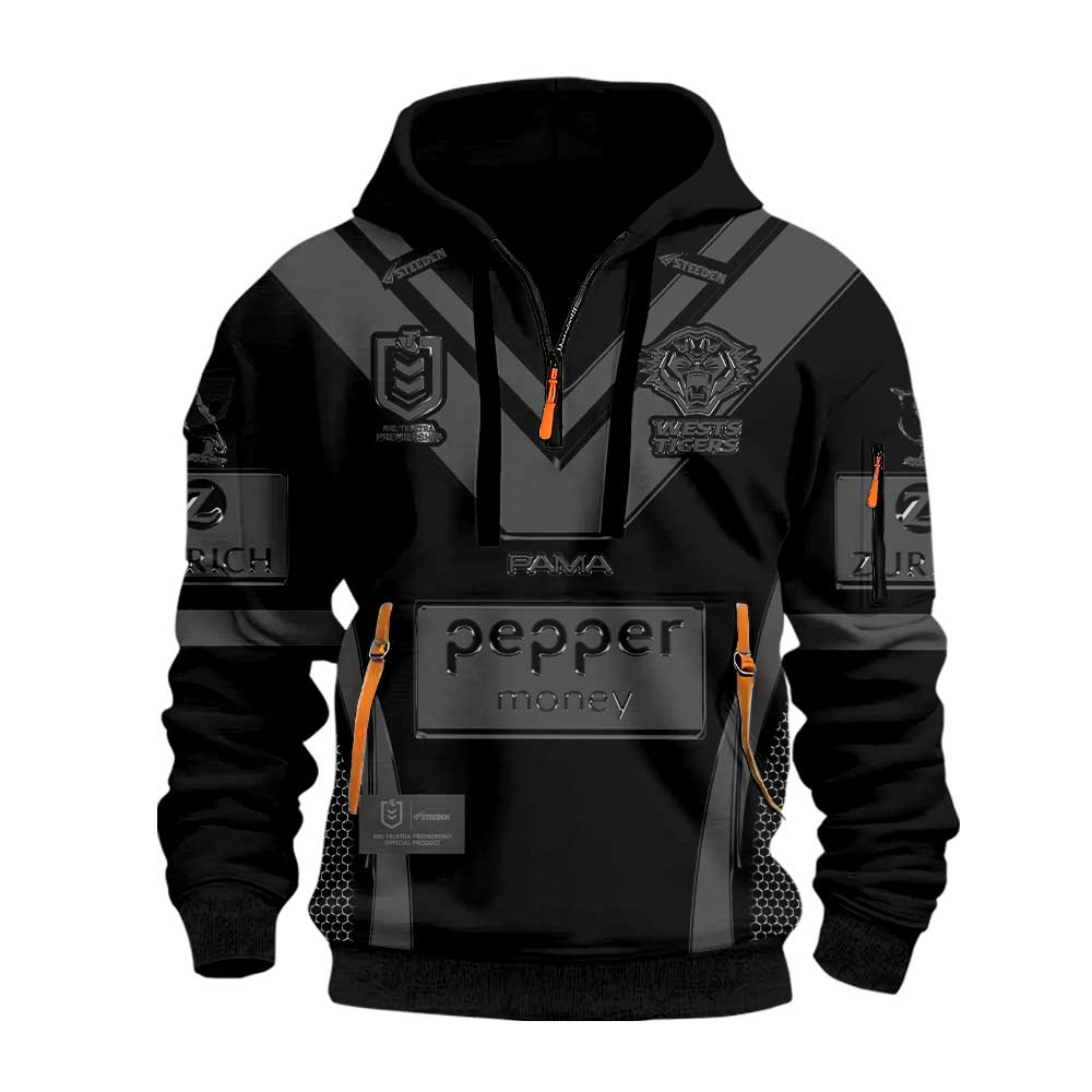 Limited Edition Wests Tigers Back In Black Half Zip Hoodie