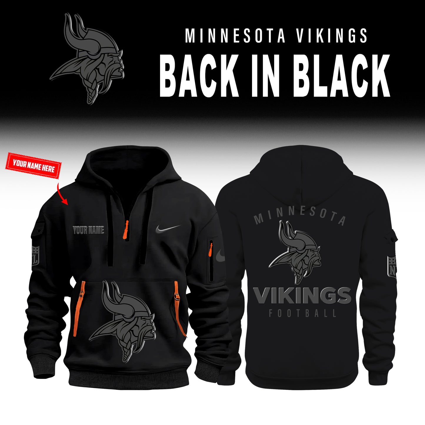 Minnesota Vikings Back In Black Half Zip Hoodie