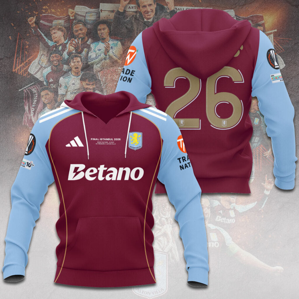 Aston Villa Europa League Winners 25/26 3D Apparel Hoodie