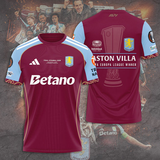 Aston Villa FC 26 UEL Winners 3D Apparel T-Shirt