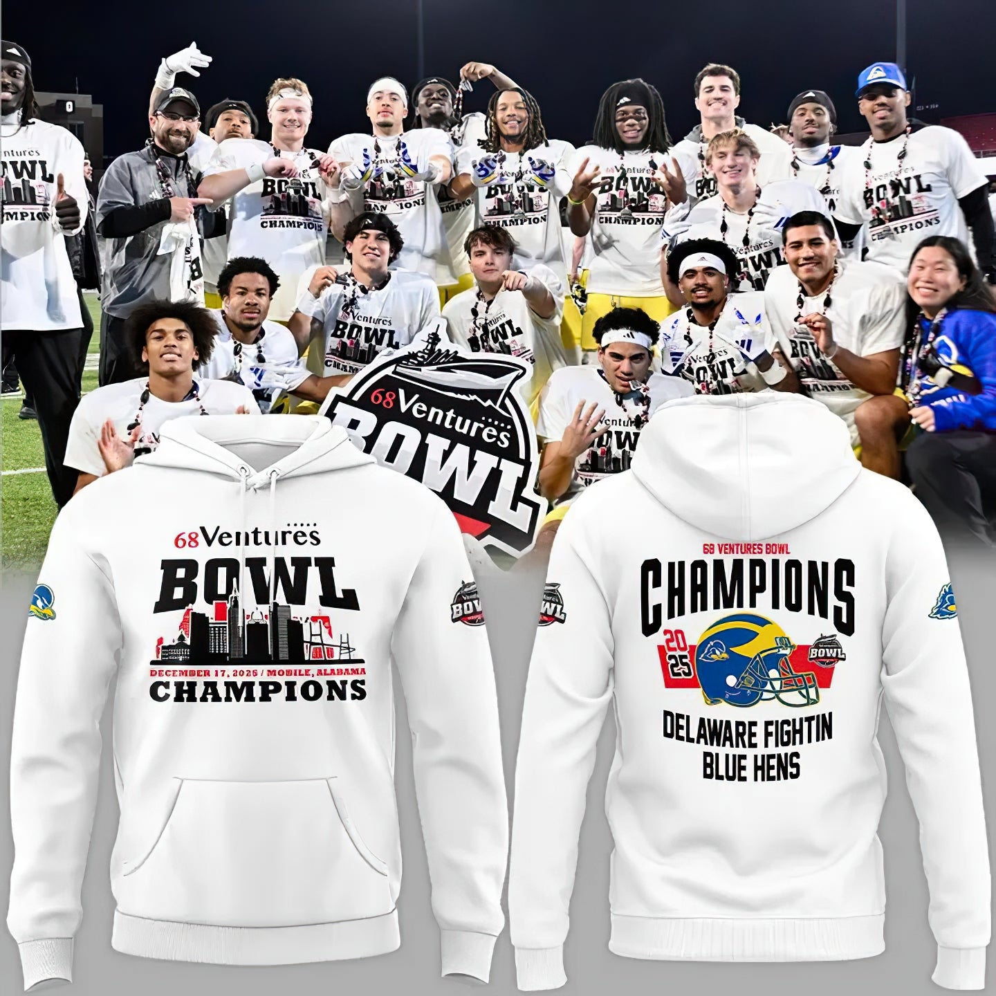 Delaware Fightin’ Blue Hens 2025 68 Ventures Bowl Champions Combo Hoodie