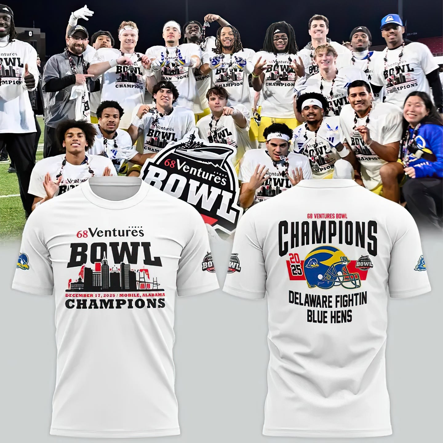 Delaware Fightin’ Blue Hens 2025 68 Ventures Bowl Champions Combo T-shirt