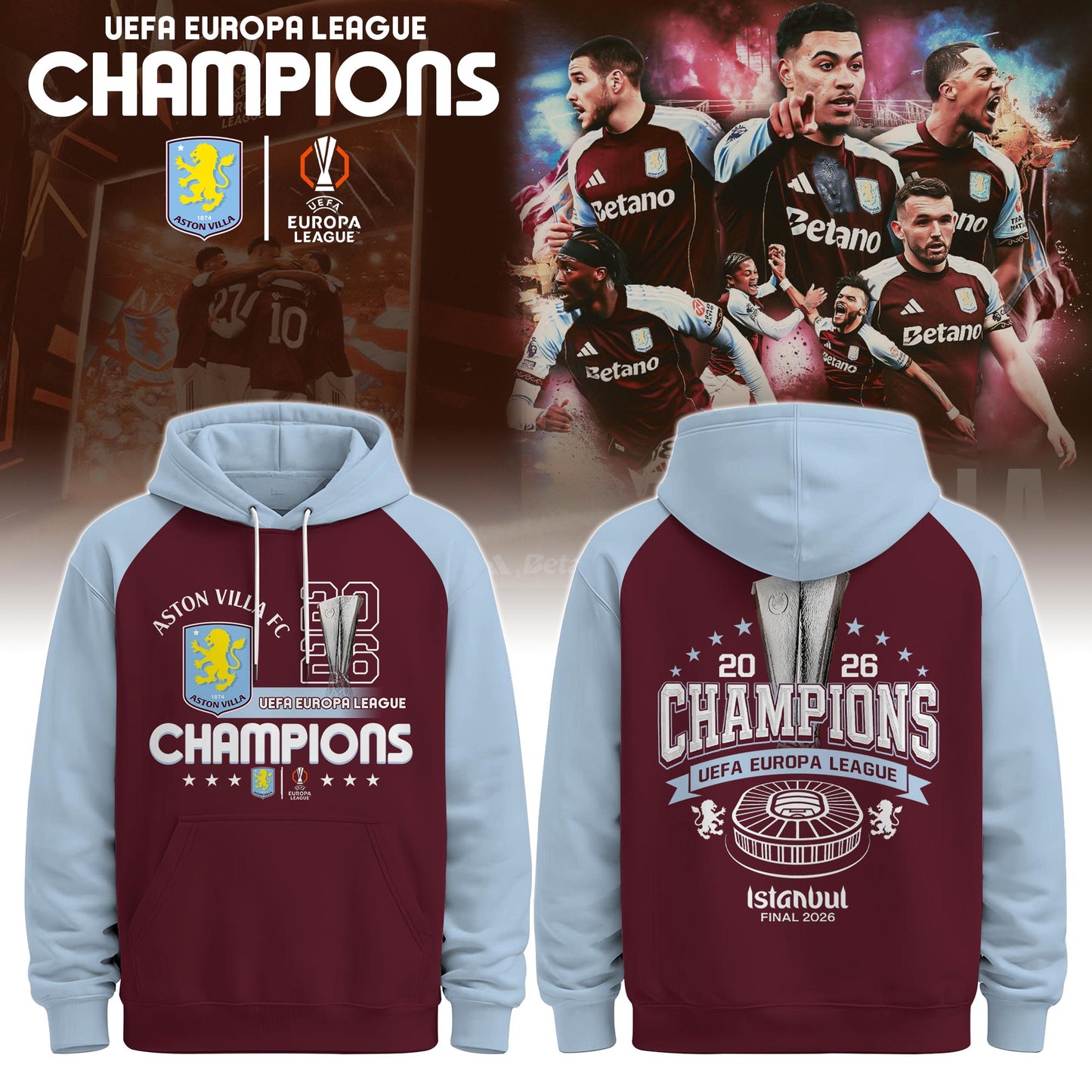 Aston Villa Europa League Winners 25/26 3D Apparel Hoodie