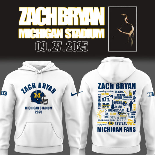 Limited Edition Michigan Fb Zach “The Quittin’ Time Tour 2025” Michigan Stadium White Hoodie