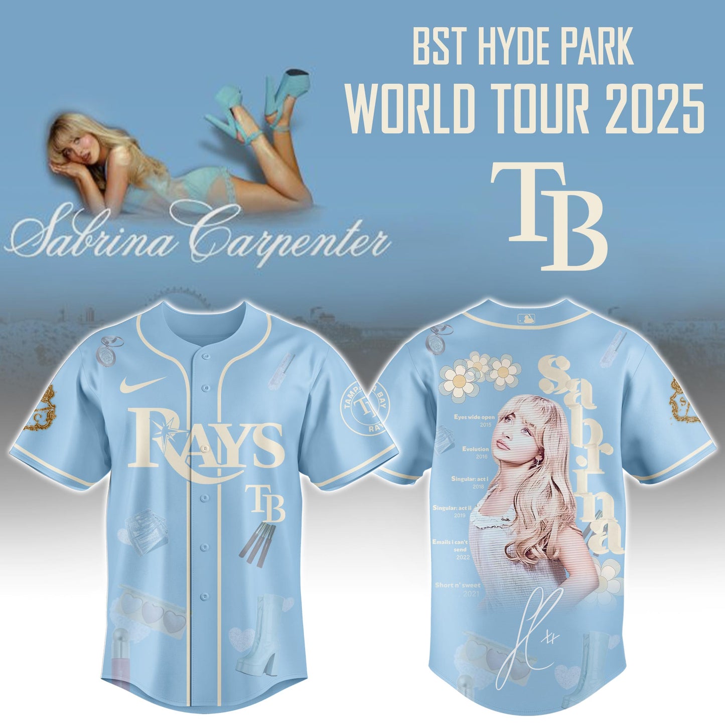 T B Rays x Sabrina Carpenter “Short n’ Sweet Tour” Jersey Editions Limited +Selling Out Fast