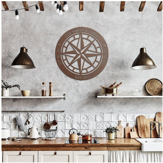 Custom Compass Metal Sign, North Star Compass Wall Art, Custom Rustic Compass, Family Name Sign, Custom Coordinates Sign, Adventure Gift