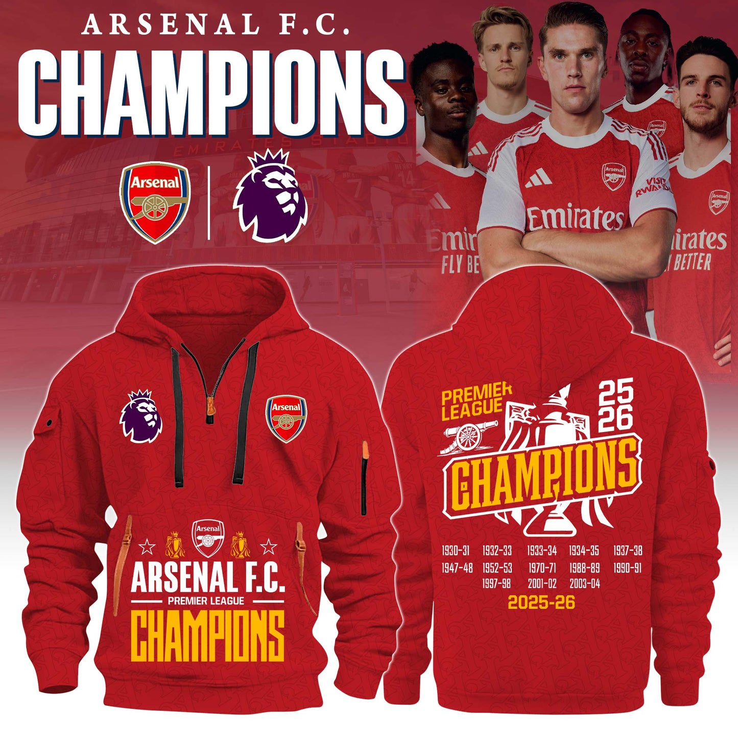 Arsenal F.C Premier League champions 25/26 Half Zip Hoodie