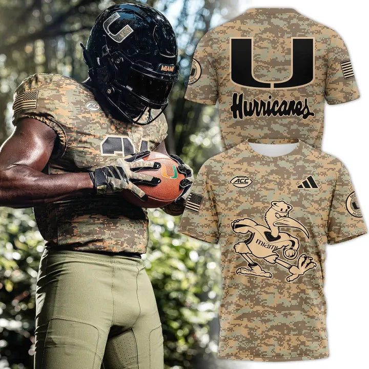Camo Miami Hurricanes Honor & Support Premier Strategy Tee-V1
