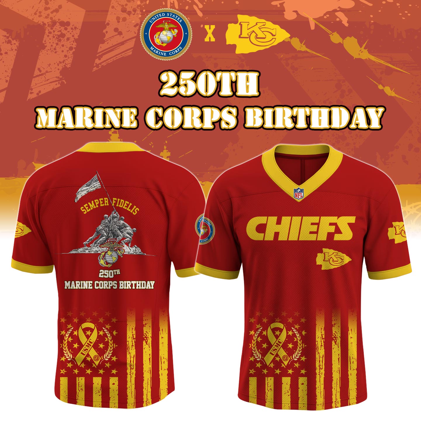 K C Chiefs x 250th Birthday of the U.S. Marine Corps Jersey 2025 Limited Edition