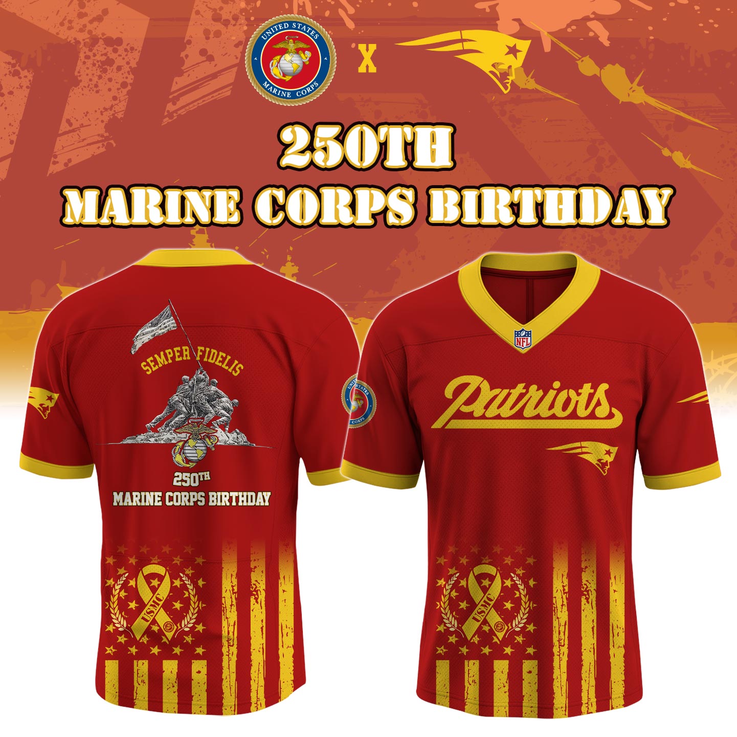 N E Patriots x 250th Birthday of the U.S. Marine Corps Jersey 2025 Limited Edition