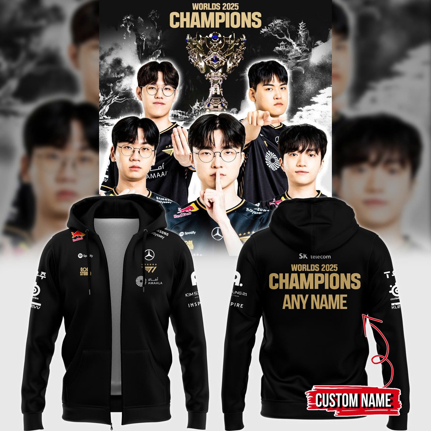 Limited Edition 𝐁𝐀𝐂𝐊-𝐓𝐎-𝐁𝐀𝐂𝐊-𝐓𝐎-𝐁𝐀𝐂𝐊 𝐖𝐎𝐑𝐋𝐃 𝐂𝐇𝐀𝐌𝐏𝐈𝐎𝐍𝐒 2025 T1 Worlds Uniform Zip Hoodie