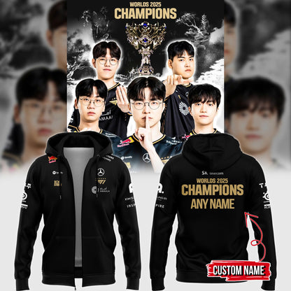 Limited Edition 𝐁𝐀𝐂𝐊-𝐓𝐎-𝐁𝐀𝐂𝐊-𝐓𝐎-𝐁𝐀𝐂𝐊 𝐖𝐎𝐑𝐋𝐃 𝐂𝐇𝐀𝐌𝐏𝐈𝐎𝐍𝐒 2025 T1 Worlds Uniform Zip Hoodie
